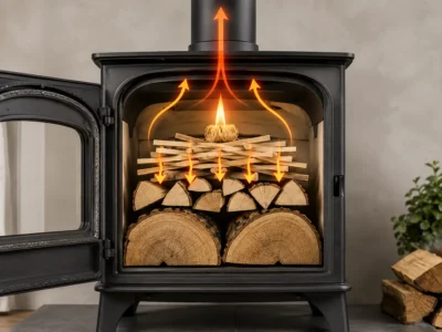Top-down fire-lighting method inside a log burner
